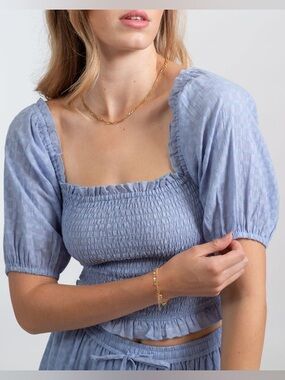 NWT KOY Resort Smocked Puff Sleeve Crop Top Blue Medium